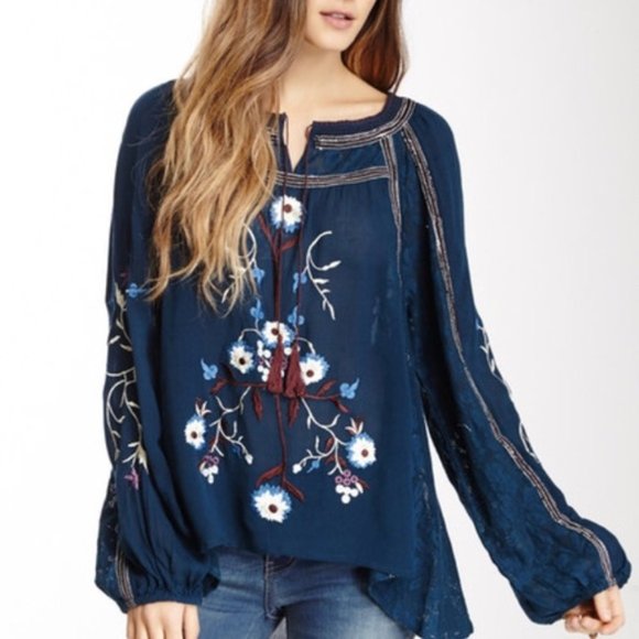 Free People Tops - Free People Tiger Lily Embroidered Peasant Blouse
